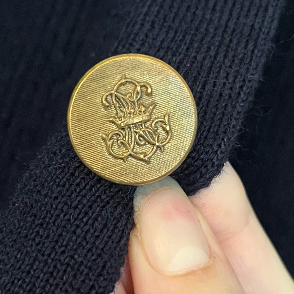 Woolmark 100% Wool Navy Blue Button Cardigan Sweater Crest Sailor Vintage France - Picture 5 of 14